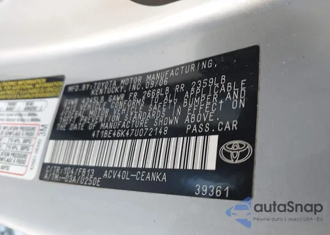 2007 Toyota Camry Le из США, поврежденный, VIN 4T1BE46K47U072148